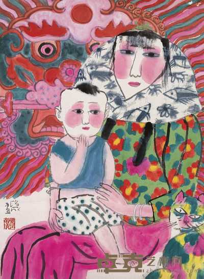 张培成 母子 立轴 67×49cm